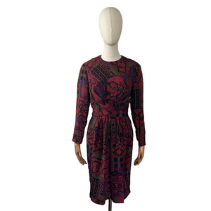 Vintage 1980s Gillian Silk Long Sleeve Abstract Print Red Olive Dress Size 8